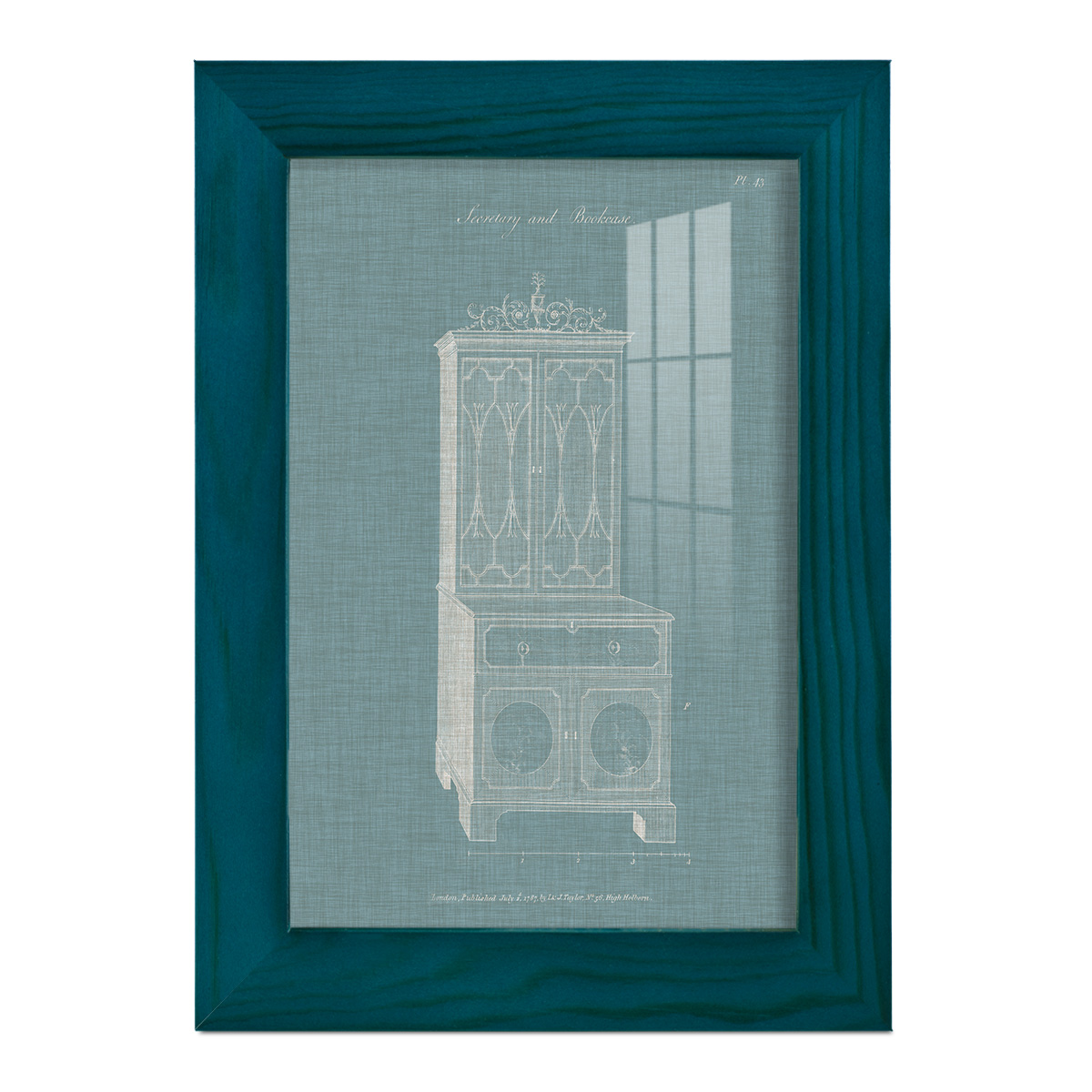 Hepplewhite Desk & Bookcase III - Framed Print w/glass - Ocean Blue