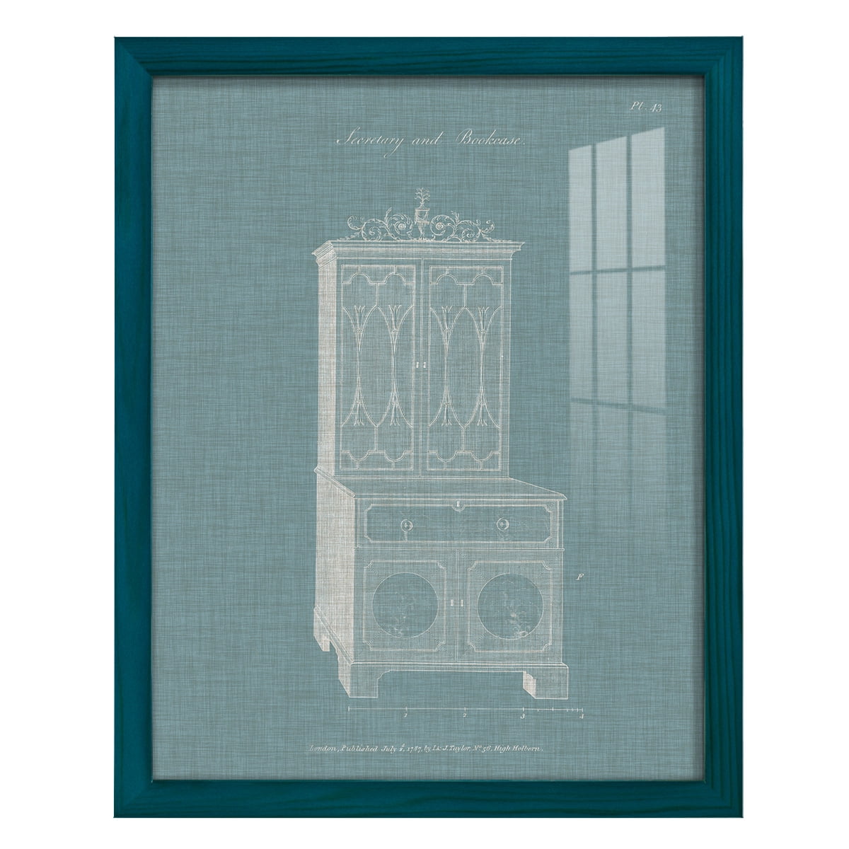 Hepplewhite Desk & Bookcase III - Framed Print w/glass - Ocean Blue