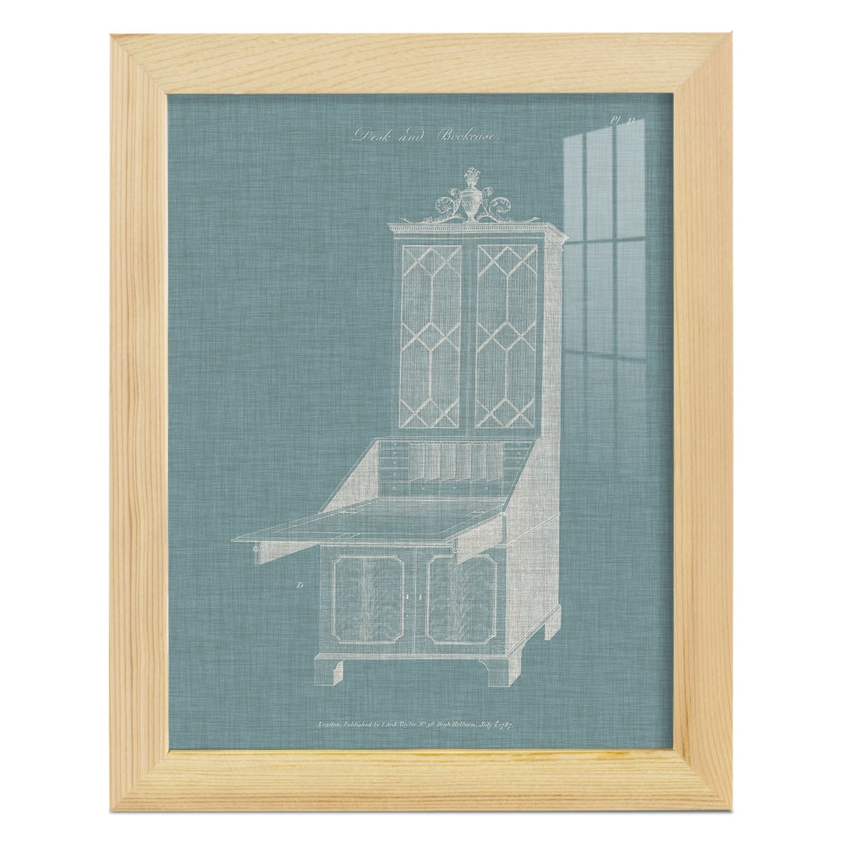 Hepplewhite Desk & Bookcase IV - Framed Print w/glass - Natural Wood