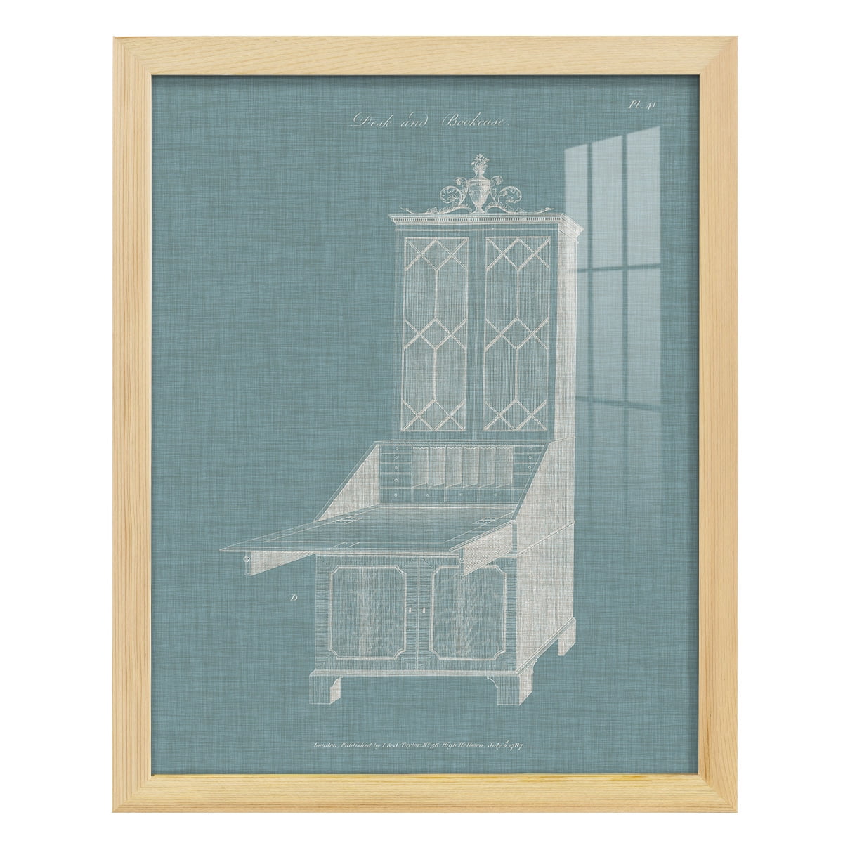 Hepplewhite Desk & Bookcase IV - Framed Print w/glass - Natural Wood