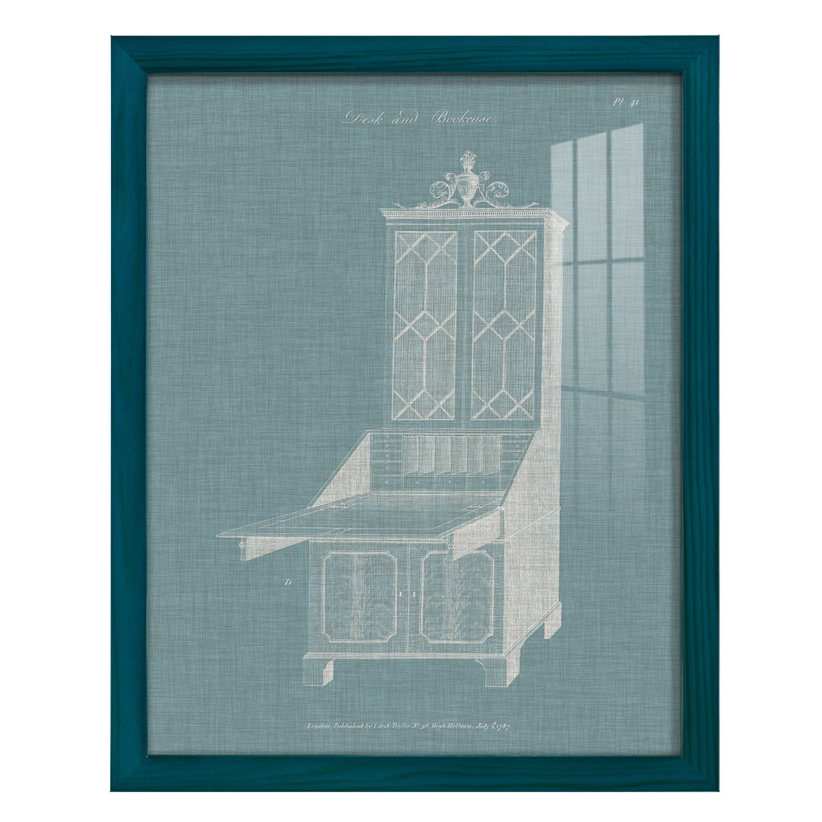 Hepplewhite Desk & Bookcase IV - Framed Print w/glass - Ocean Blue