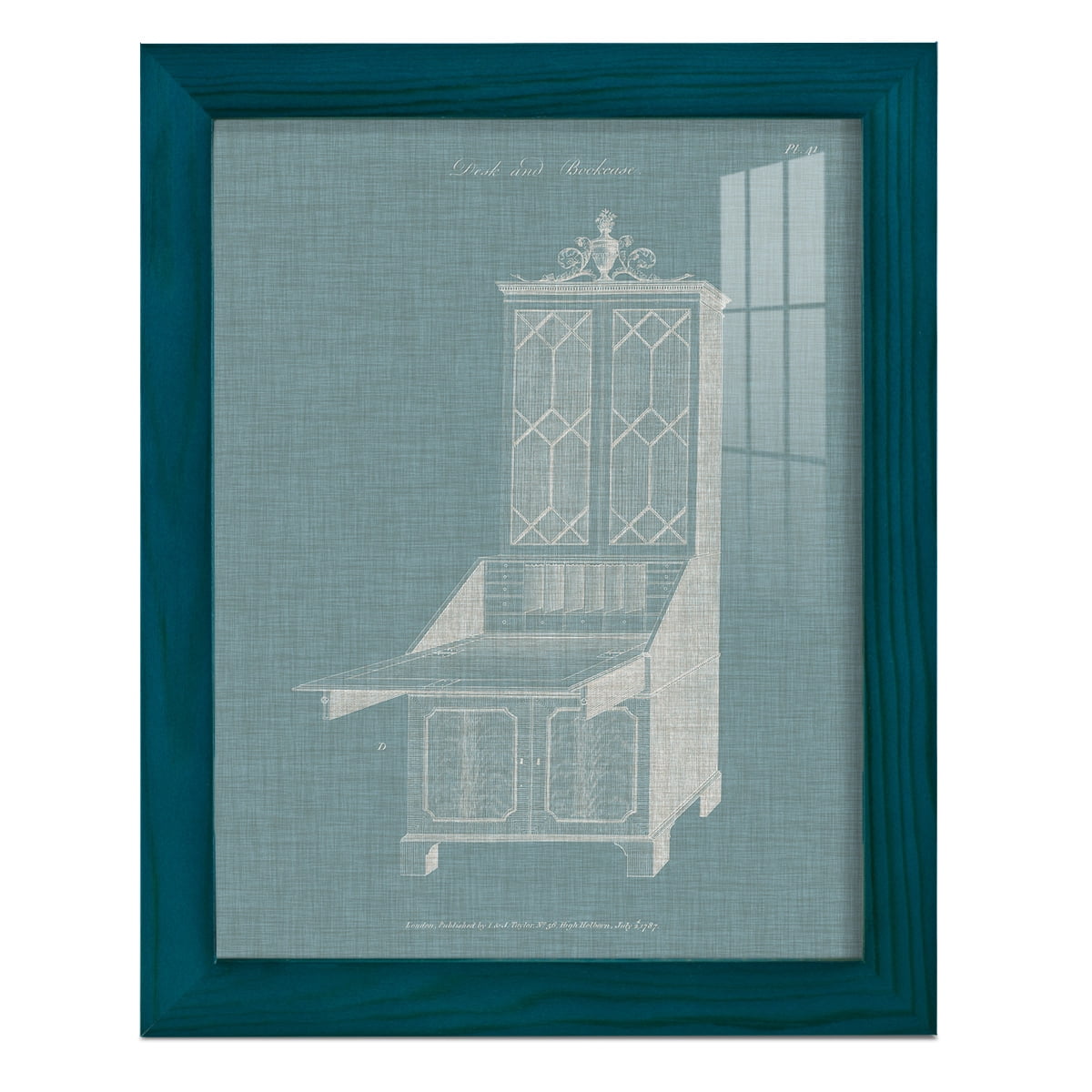 Hepplewhite Desk & Bookcase IV - Framed Print w/glass - Ocean Blue