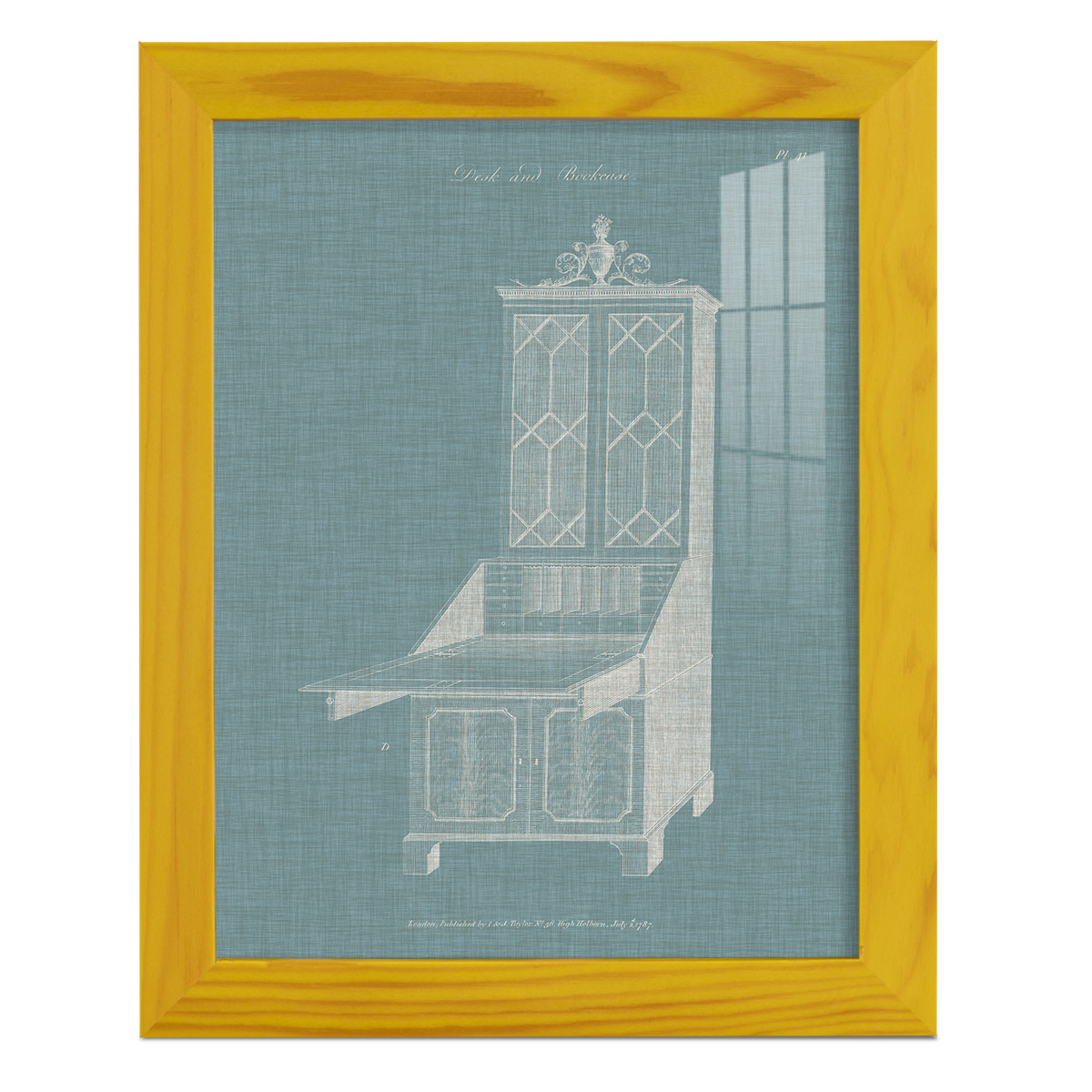 Hepplewhite Desk & Bookcase IV - Framed Print w/glass - Sunflower Yellow
