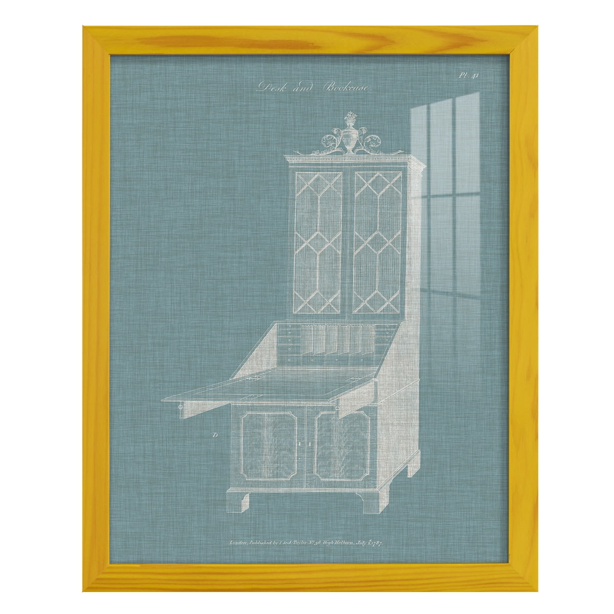 Hepplewhite Desk & Bookcase IV - Framed Print w/glass - Sunflower Yellow