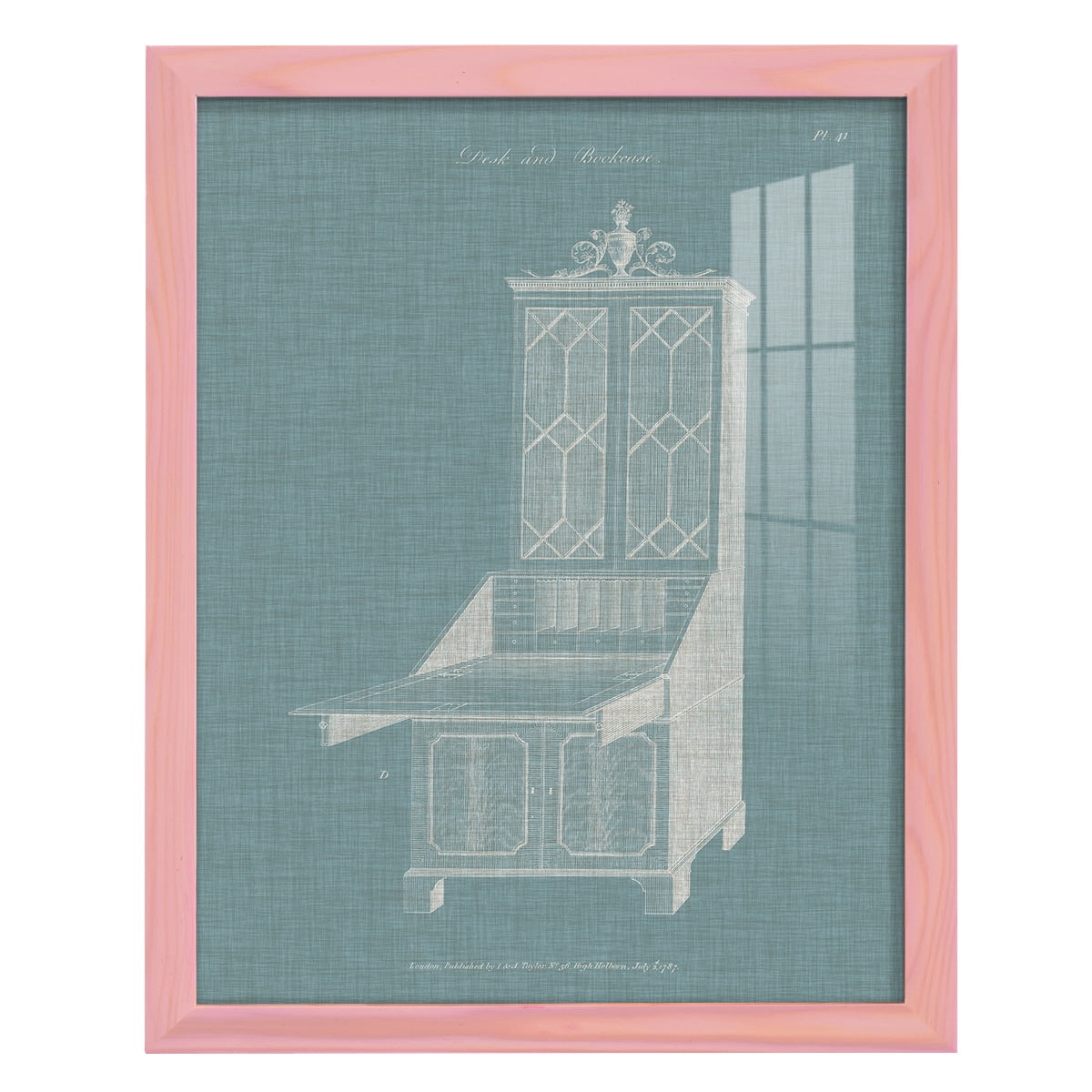 Hepplewhite Desk & Bookcase IV - Framed Print w/glass - Sunset Pink