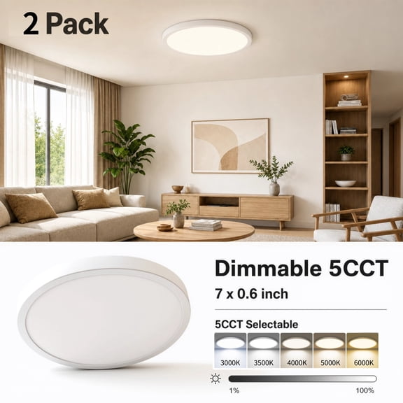 HOVMAP 2Pack LED Flush Mount Ceiling Light Fixture, 7" 15W, Dimmable& 5CCT Adjustable Low Profile Ceiling Lights, 1500Lm Round Lamp for Bathroom, Closet, Kitchen, Hallway, White