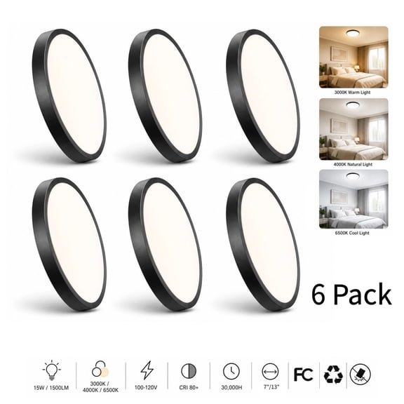 HOVMAP 6PACK LED Flush Mount Ceiling Light, 3CCT Selectable 3CCT 100W Equivalent Disc Closet Ceiling Light Fixture 7" 15W 1500Lm for Bathroom Hallway Bedroom Kitchen Basement(NOT-Dimmable), Black