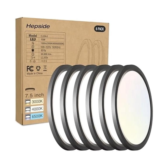 HOVMAP Ceiling Light, 6PC LED Flush Mount Ceiling Light, Selectable 100W Equivalent Disc Closet Fixture 7" 15W 1500Lm for Bathroom, Kitchen Lighting Fixtures Ceiling, 1Pc 5" Black 3CCT