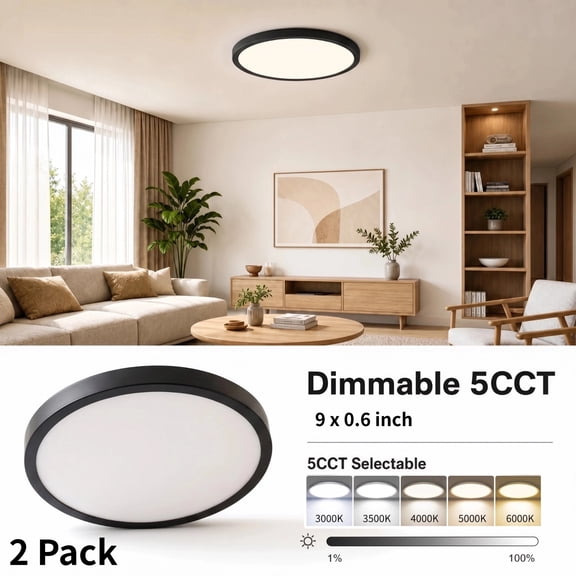 HOVMAP Dimmable Ceiling Light, 2Pack LED Flush Mount Ceiling Light Fixture 18W Adjustable Low Profile Ceiling Lights, Round, Kitchen Lighting Fixtures Ceiling, 2Pcs 9" Black 5CCT