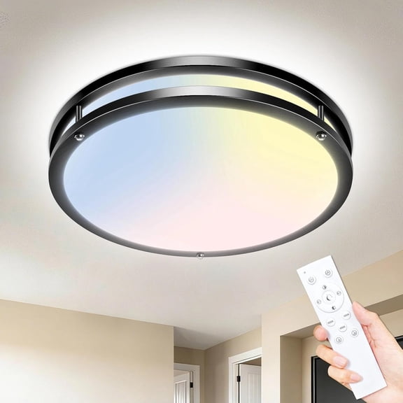 10 inch Flush Mount LED Ceiling Light with Remote, Dimmable 3000K-6500K Adjustable Ceiling Light Fixture, Timer, Night Light, 10 inch Black Ceiling Lamps for Kitchen Bathroom Bedroom Hallway, Black