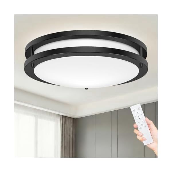 Hepside Flush Mount LED Ceiling Light with Remote, Dimmable 3000K-6500K Adjustable Ceiling Light Fixture, Timer, Night Light, 10 inch Black Ceiling Lamps for Kitchen Bathroom Bedroom Hallway, Black