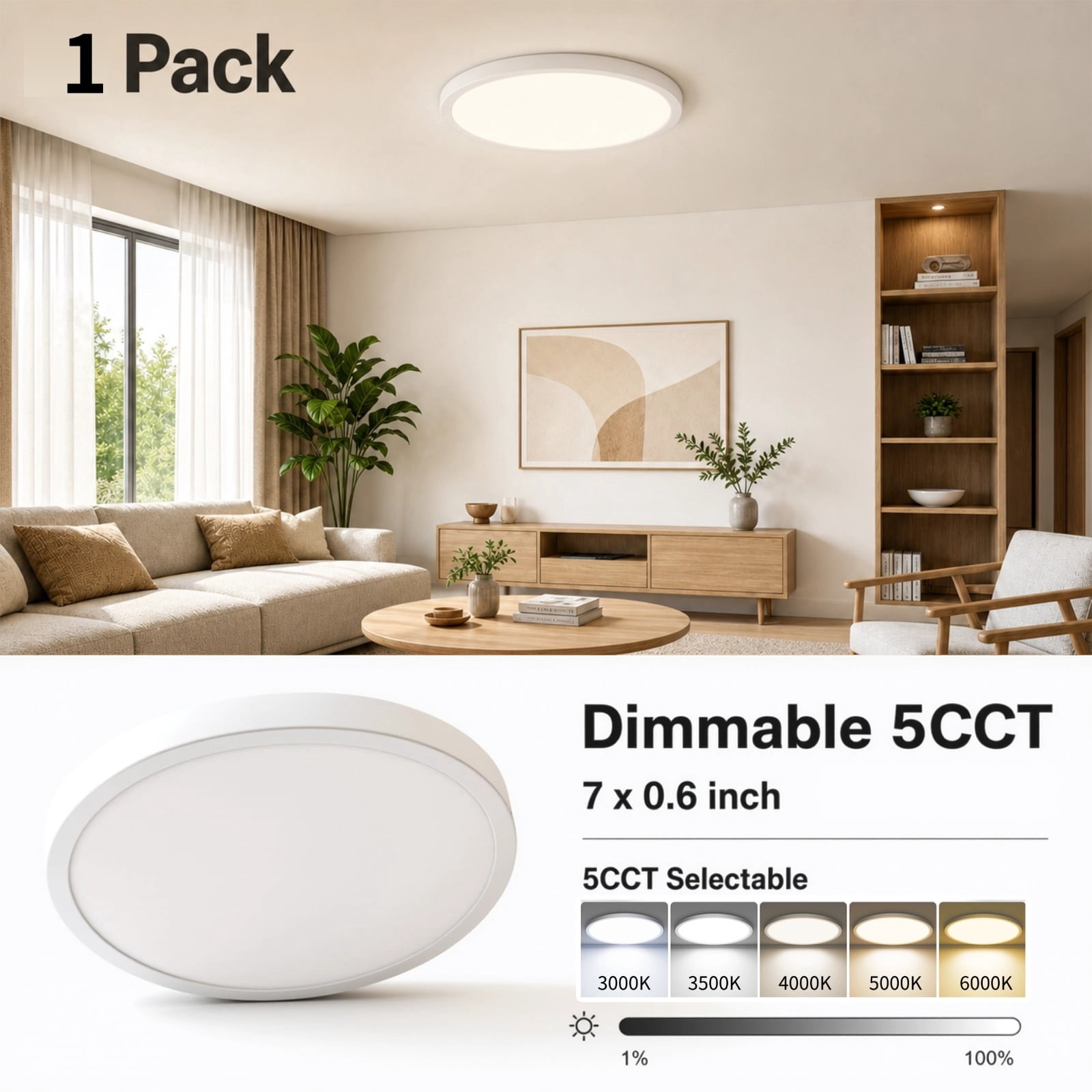 HOVMAP LED Flush Mount Ceiling Light Fixture, 7Inch 15W, Dimmable& 5CCT Adjustable Low Profile Ceiling Lights, 1500LM Round Lamp for Bathroom, Closet, Kitchen, Hallway, White, White