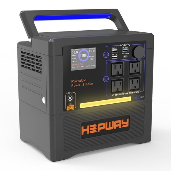 HEPWAY Portable Power Station 2400W Peak, 1154Wh Lithium Battery, QC3.0 USB-C 4X120V AC Output 1300W, Support Refrigerator Mode With 4*Cooling Fans Solar Generator For Camping RV Home(No Solar Panel)