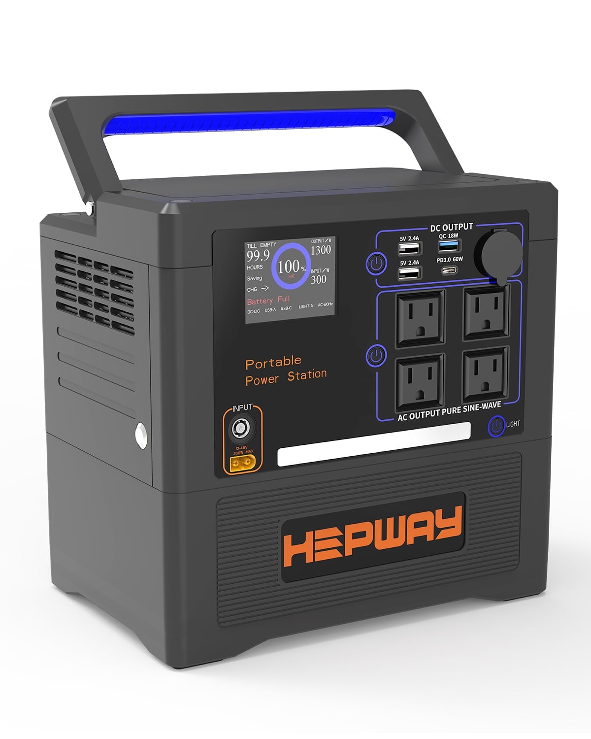 HEPWAY Portable Power Station 2400W Peak, 1154Wh Lithium Battery, QC3.0 USB-C 4X120V AC Output 1300W, Support Refrigerator Mode With 4*Cooling Fans Solar Generator For Camping RV Home(No Solar Panel)