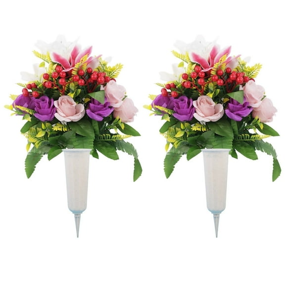 Heqing Boutique Artificial Cemetery Flowers For Set Of 2 Artificial Memorial Flowers With Vase For Outdoor Cemetery Decoration ( & Rose)Clearance