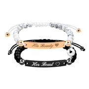 Her Beast and His Beauty Attraction Bracelet Set Couples Distance Gifts for Women and Men - Natural White Turquoise & Matte Black Onyx Beads Bracelets Set