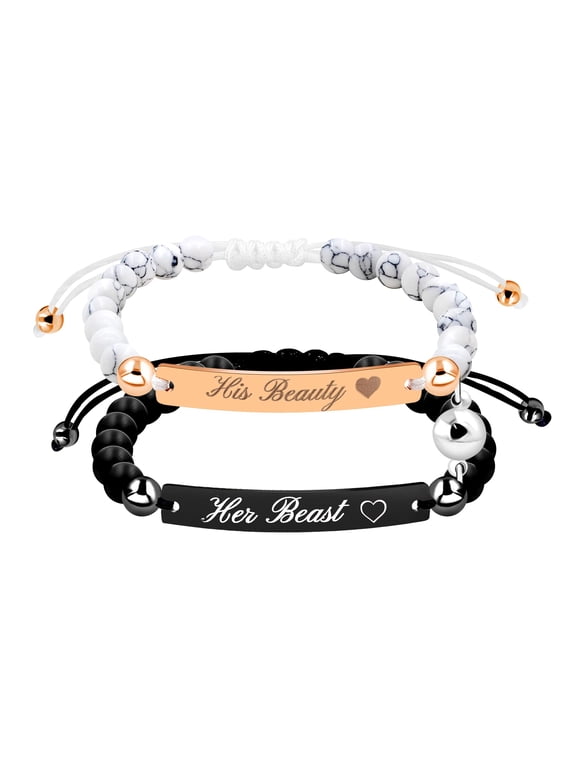 Her Beast and His Beauty Attraction Bracelet Set Couples Distance Gifts for Women and Men - Natural White Turquoise & Matte Black Onyx Beads Bracelets Set
