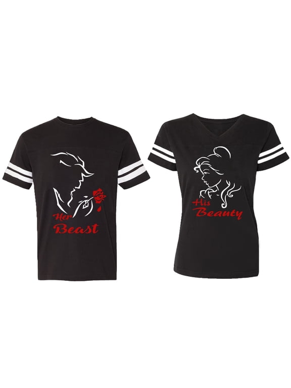 Her Beauty His Beast Matching Couple Cotton Jerseys (Men Black / Women Black) (Men XL / Women L)