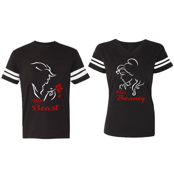 Her Beauty His Beast Matching Couple Cotton Jerseys (Men Black / Women Black) (Men XXL / Women S)