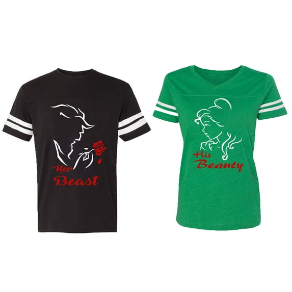 Her Beauty His Beast Matching Couple Cotton Jerseys (Men Black / Women Green) (Men XL / Women M)