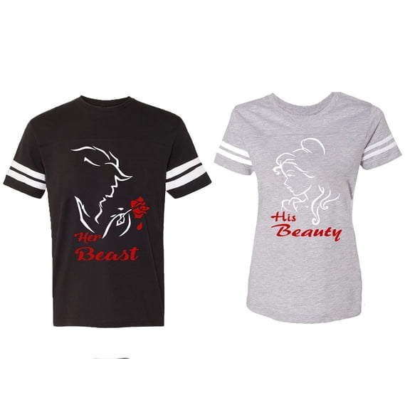 Her Beauty His Beast Matching Couple Cotton Jerseys (Men Black / Women Heather) (Men XL / Women XL)