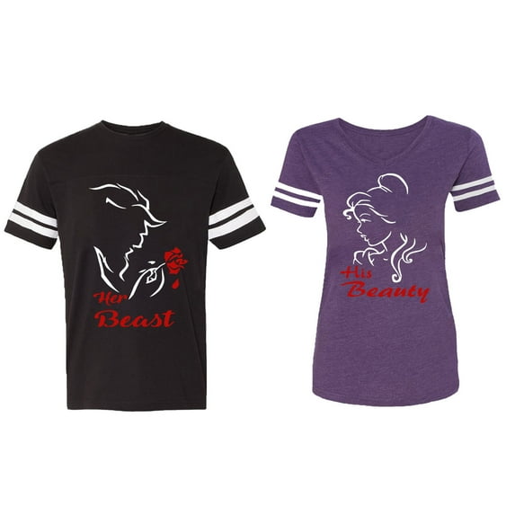 Her Beauty His Beast Matching Couple Cotton Jerseys (Men Black / Women Purple) (Men S / Women XL)