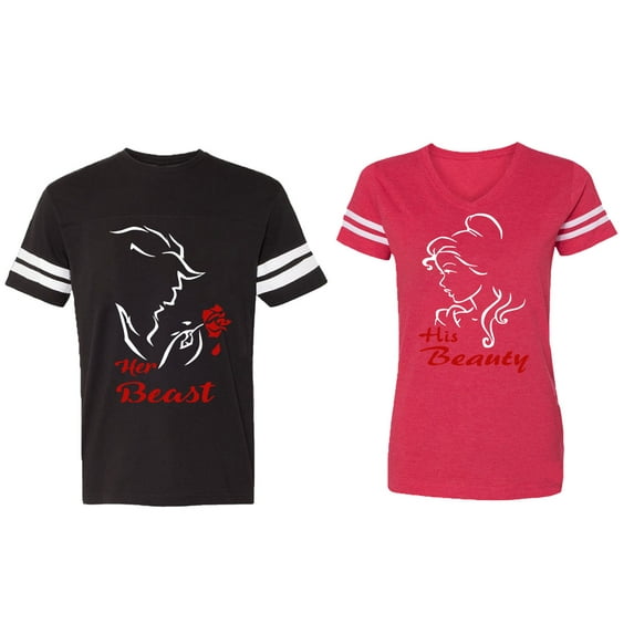 Her Beauty His Beast Matching Couple Cotton Jerseys (Men Black / Women Red) (Men S / Women XXL)