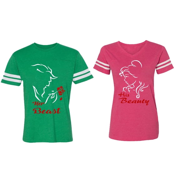 Her Beauty His Beast Matching Couple Cotton Jerseys (Men Green / Women Pink) (Men M / Women XXL)