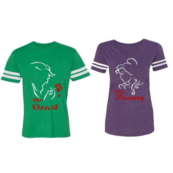 Her Beauty His Beast Matching Couple Cotton Jerseys (Men Green / Women Purple) (Men S / Women M)