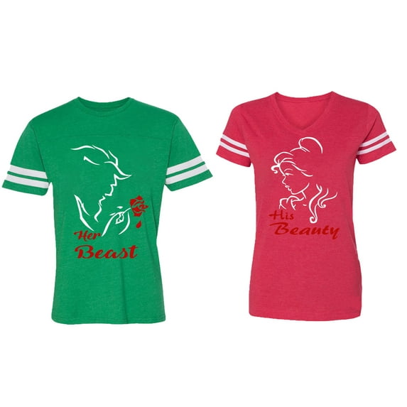 Her Beauty His Beast Matching Couple Cotton Jerseys (Men Green / Women Red) (Men XL / Women XL)