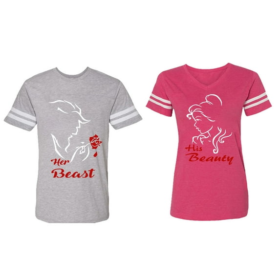 Her Beauty His Beast Matching Couple Cotton Jerseys (Men Heather / Women Pink) (Men XL / Women XL)