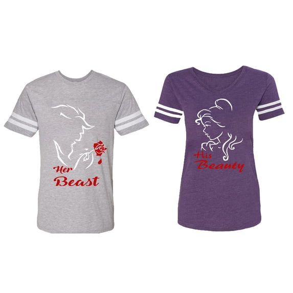 Her Beauty His Beast Matching Couple Cotton Jerseys (Men Heather / Women Purple) (Men M / Women L)