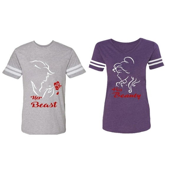 Her Beauty His Beast Matching Couple Cotton Jerseys (Men Heather / Women Purple) (Men XXL / Women L)