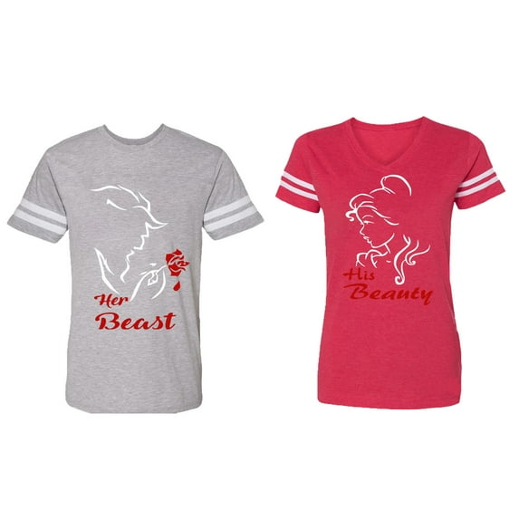 Her Beauty His Beast Matching Couple Cotton Jerseys (Men Heather / Women Red) (Men M / Women S)