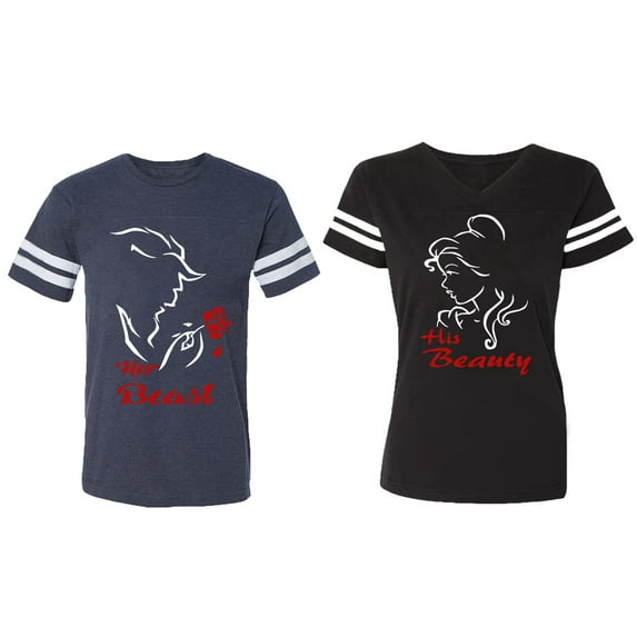 Her Beauty His Beast Matching Couple Cotton Jerseys (Men Navy / Women Black) (Men S / Women M)