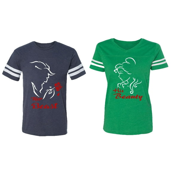 Her Beauty His Beast Matching Couple Cotton Jerseys (Men Navy / Women Green) (Men XL / Women M)