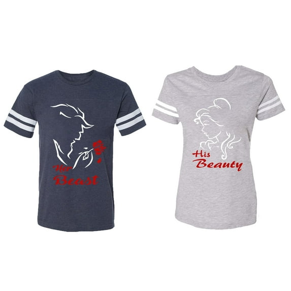Her Beauty His Beast Matching Couple Cotton Jerseys (Men Navy / Women Heather) (Men M / Women M)