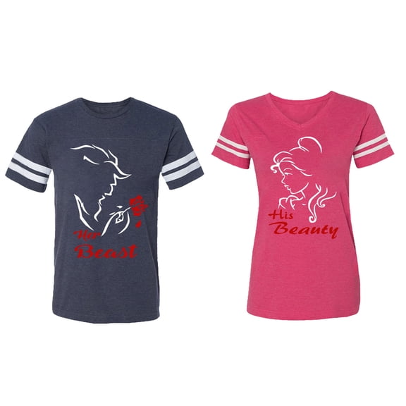 Her Beauty His Beast Matching Couple Cotton Jerseys (Men Navy / Women Pink) (Men XL / Women XL)