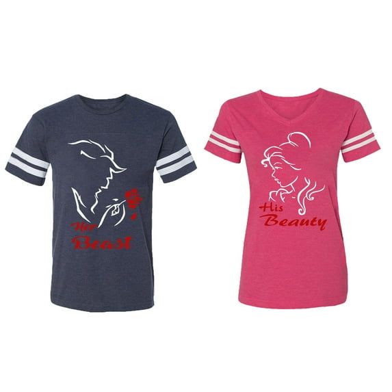 Her Beauty His Beast Matching Couple Cotton Jerseys (Men Navy / Women Pink) (Men XXL / Women XL)