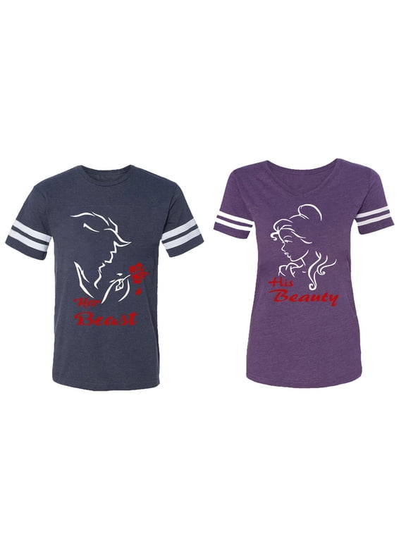 Her Beauty His Beast Matching Couple Cotton Jerseys (Men Navy / Women Purple) (Men L / Women L)