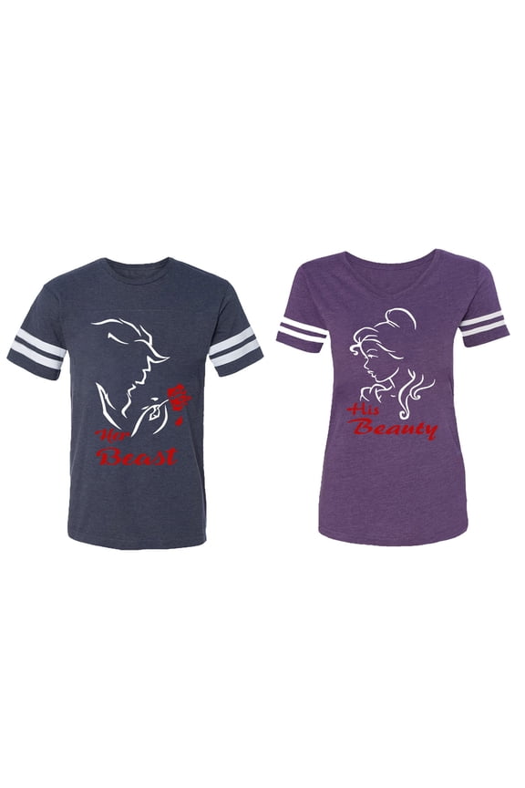 Her Beauty His Beast Matching Couple Cotton Jerseys (Men Navy / Women Purple) (Men M / Women XL)