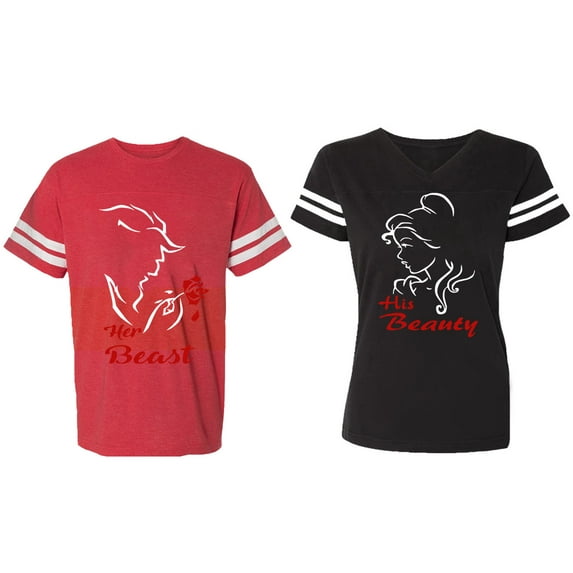 Her Beauty His Beast Matching Couple Cotton Jerseys (Men Red / Women Black) (Men XL / Women XL)