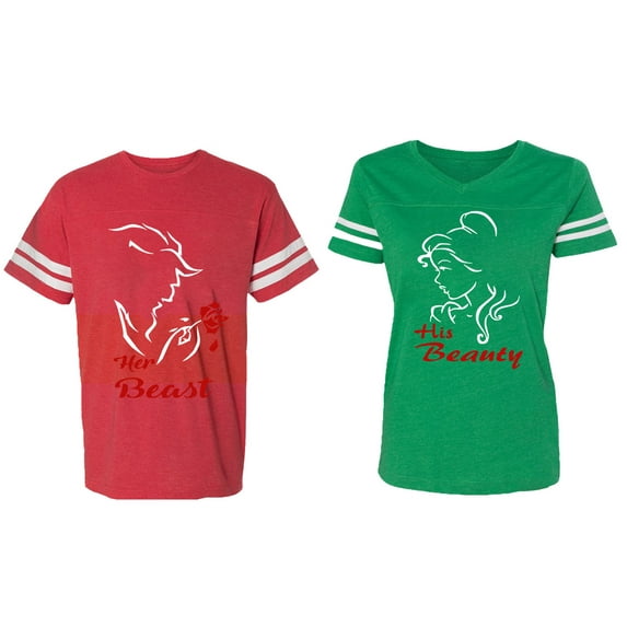 Her Beauty His Beast Matching Couple Cotton Jerseys (Men Red / Women Green) (Men XL / Women S)