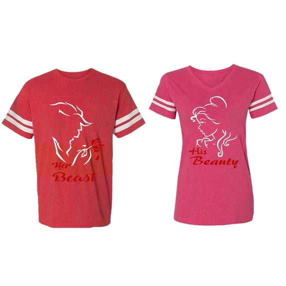 Her Beauty His Beast Matching Couple Cotton Jerseys (Men Red / Women Pink) (Men XL / Women XL)