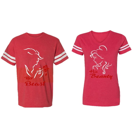 Her Beauty His Beast Matching Couple Cotton Jerseys (Men Red / Women Red) (Men XXL / Women XXL)