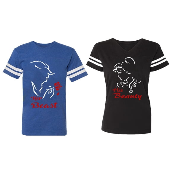 Her Beauty His Beast Matching Couple Cotton Jerseys (Men Royal / Women Black) (Men S / Women L)
