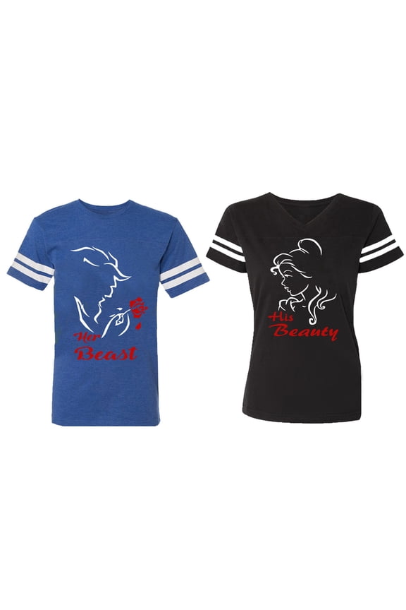 Her Beauty His Beast Matching Couple Cotton Jerseys (Men Royal / Women Black) (Men XL / Women XL)