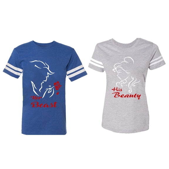 Her Beauty His Beast Matching Couple Cotton Jerseys (Men Royal / Women Heather) (Men S / Women XXL)