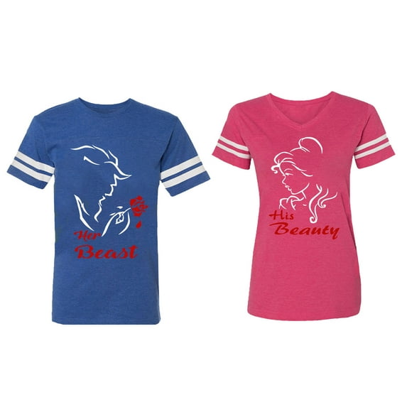 Her Beauty His Beast Matching Couple Cotton Jerseys (Men Royal / Women Pink) (Men M / Women XXL)