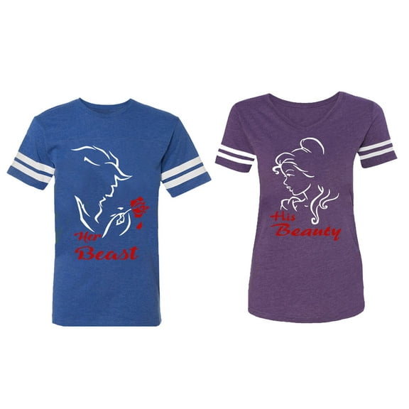 Her Beauty His Beast Matching Couple Cotton Jerseys (Men Royal / Women Purple) (Men XL / Women XL)